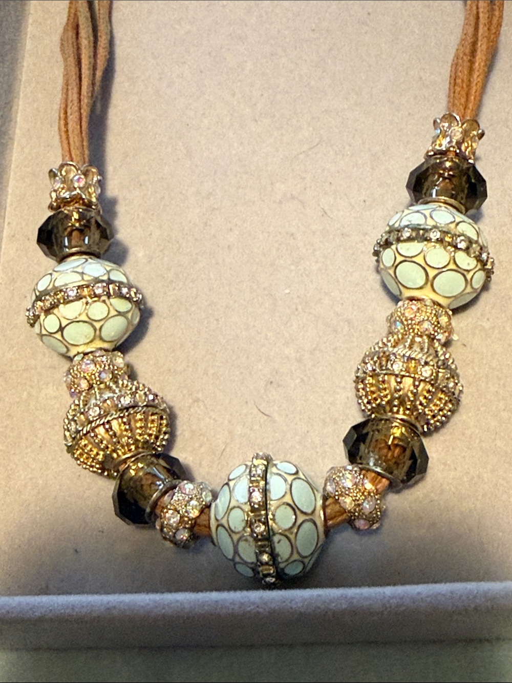 Gold-Tone Necklace with Mint Enamel Beads and Smoky Accents